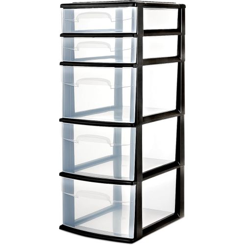 HOMZ Drawer Tower, 5-Tier Clear Plastic Storage Organizer Unit, Black Frame - Multi-Purpose Container Drawers for Bedroom, Bathroom, and Office Organization