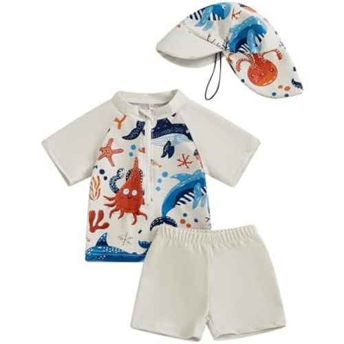 Toddler Baby Boys' 3-Piece Swimsuit Set Short Sleeve Bathing Suit Baby Rash Guard Swimwear with Sun Hat