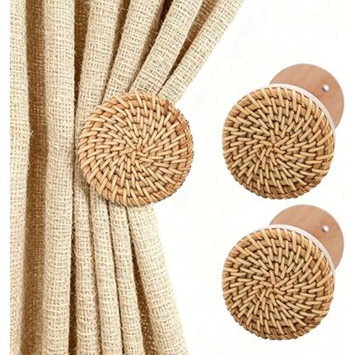 Boho Curtain Holdbacks Rattan Tiebacks for Curtains Wall Mounted Wooden Drapery Hook,Set of 2