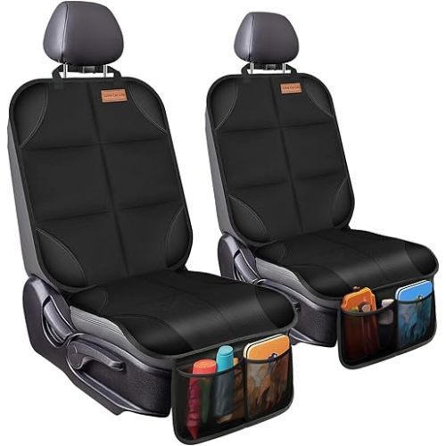 Baby Car Seat Protector 2 Pack - Large Waterproof Mat, 600D Fabric, with Thickest Padding, Non-Slip Backing, 2 Storage Pockets, Crash Test Approved - Black