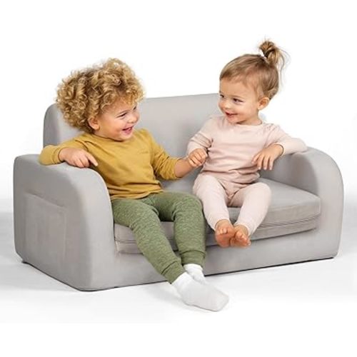 3-in-1 Extra Wide Convertible Kids Couch, Flip Open Toddler Couch to Lounger, Comfy Toddler Chair, Machine-Washable Kids Sofa for Girls, Kid Sofa Bed for Fun Playtime or Comfy Lounging, Gray