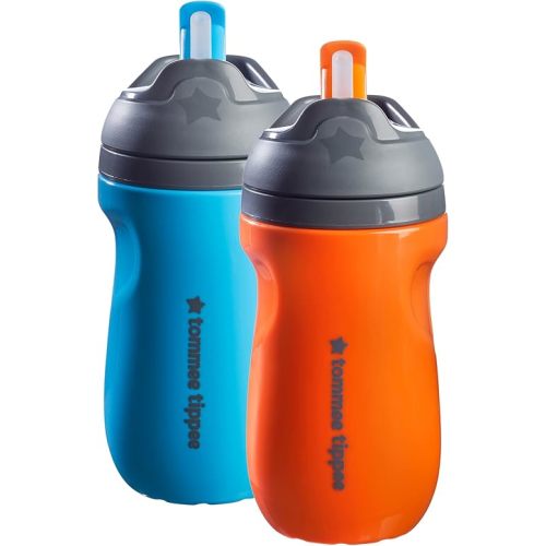 Tommee Tippee Insulated Sporty Spill-Proof Straw Cup, 12 Months+, 9oz, Toddler Training Sippy Cup, Sporty Carry Handle, Bite Resistant Spout, Flip Lid Keeps Straw Clean, Pack of 2, Blue and Orange