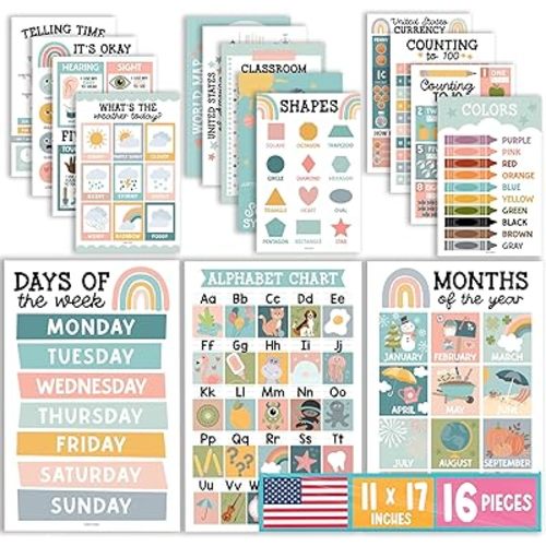 Hadley Designs 16 Educational Posters for Toddlers 1-3, Laminated Toddler Learning Posters for Preschool & Kindergarten, ABC Chart, Numbers, Colors, Shapes, Days of The Week, Boho Classroom Decor