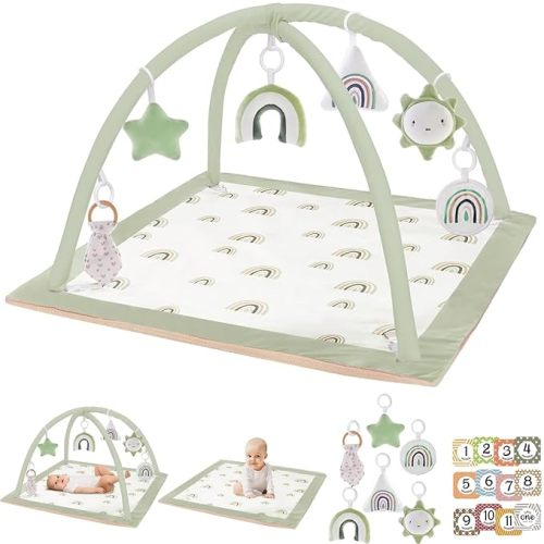 Washable Tummy Time Mat, Baby Play Gym with 6 Featured Toys, Baby Gym for Infant & Toddler, Larger Baby Play Mat, Deluxe Baby Play Mats for Floor, Sensory and Motor Skill Development, Non Slip, Green - green