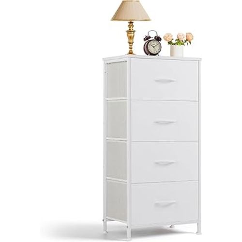 Nightstand, 4 Drawer Dresser End Table Bedside Furniture with Wooden Top Steel Frame Fabric Bins for Bedroom, Closet, Entryway, Dorm, Living Room, White