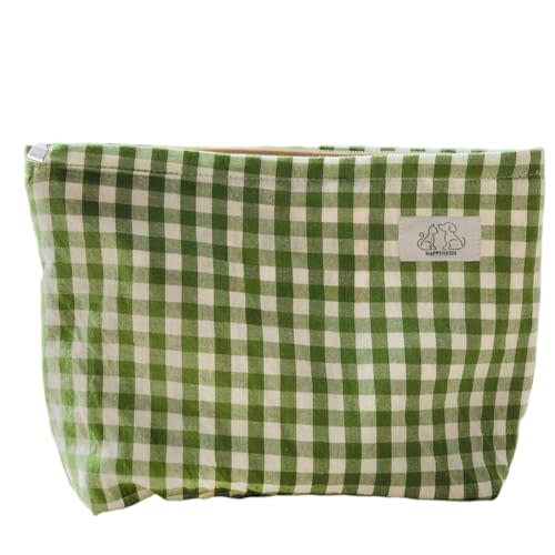 HAPPYHEIDI Women Checkered Canvas Makeup Bag Cosmetic Pouch Make Up Travel Purse Organizer, Cute Green Plaid