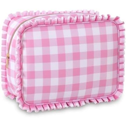 Gingham Ruffle Makeup Bag,Large Travel Cute Cosmetic Bag for Women Girls,Toiletry Bag Make up Organizer (Pink)