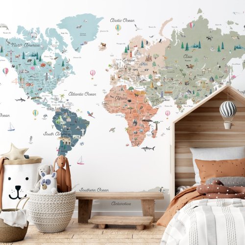 Scandinavian Neutrals Educational World Map Wall Decal | Playful Nursery Decor | Kids Map | Kids World Map | Wallpaper Map | Wall Cling