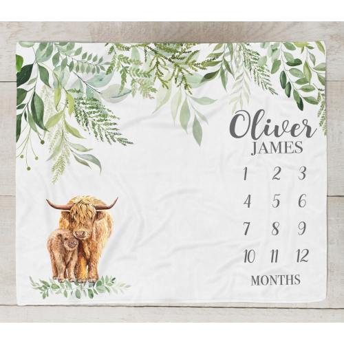 Highland Cow Milestone Blanket, Personalized Baby Boy Month Blanket, Custom Farm Baby Blanket, Country Shower Gift Mom and Baby CowSM551