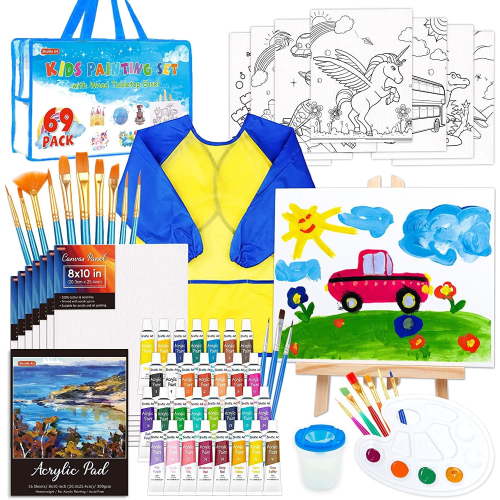 69 Pack Paint Set, Shuttle Art Art Set with 30 Colors Acrylic Paint, Wood Easel, Canvases, Painting Pad, Brushes, Palette, Smock & Storage Gag, Complete Paint Set for everyone