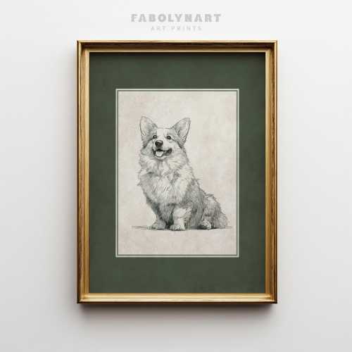 Vintage Corgi Wall Art Print, Dog Sketch Painting, Minimalist Sage Green Matte Nursery Decor