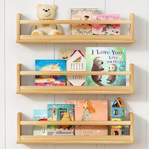 Upgraded Natural Wood Wall Bookshelf for Kids Bedroom Set of 3, 24 Inch Wooden Floating Nursery Book Shelves for Baby Boys Girls Room, Mounted Bookshelves for Toy Organizers and Storage
