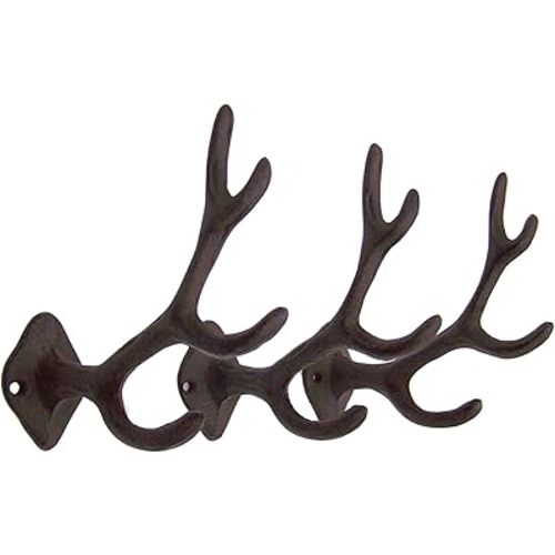 Rustic 4-Point Deer Antler Cast Iron Wall Hook 5.6 Inch (Set of 3)
