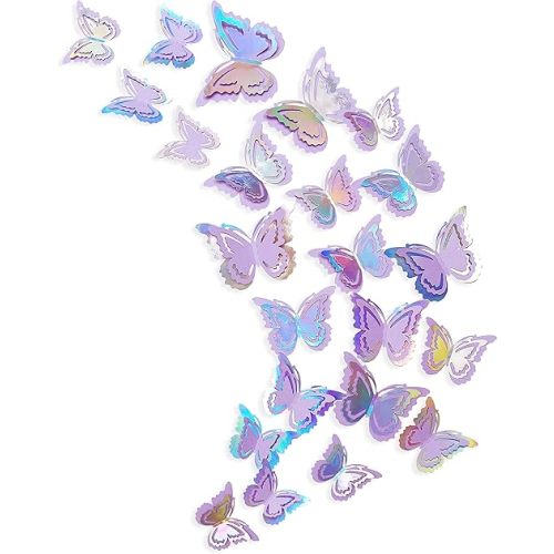 pinkblume Iridescent Purple Butterfly Decorations Stickers Lavender 3D Butterfies Wall Art Removable Wall Decals for Mermaid Pastel Home Living Room Baby Bedroom Showcase Nursery Decor (27PCS)