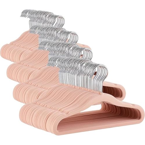 Amazon Basics Kids Space Saving Velvet Non-Slip Clothes Hangers with Shoulder Notches for Infant and Toddler, 11.6", Blush, 50-Pack