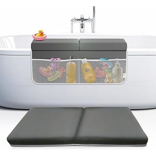 Baby Bath Kneeler and Elbow Rest Pad Set, 2-Inch Thick, Memory Foam, Water-Resistant Mat – Bath Time Essentials Cushion and Bath Kneeling Pad for Bathing Baby with Bathtub Toy Organizer.