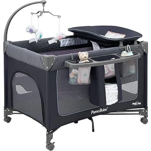 Pamo Babe Magic Fold Baby Playard with Removable Bassinet, 1 Step to Set Portable Crib with Changing Table and Zipper Gate, Easy to Carry