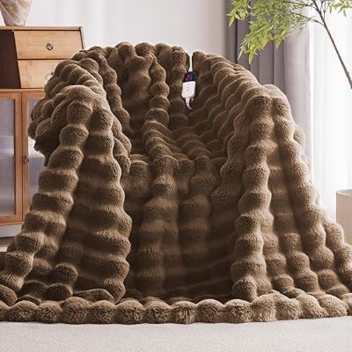 Heated Blanket Throw with 6 Hours Auto-Off 10 Heat Level, 62'' * 84'' Cozy Faux Rabbit Fur Bubble Electric Blanket with Overheat Protection, Soft Fast Heating Blanket with ETL (Brown)