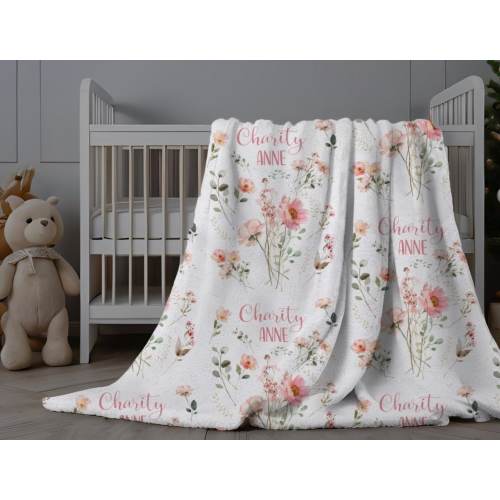Pink Floral Baby Name Blanket, Personalized Baby Girl Blanket, Flower Baby Name Swaddle, Custom Wildflowers Minky Blanket, New Baby Gift