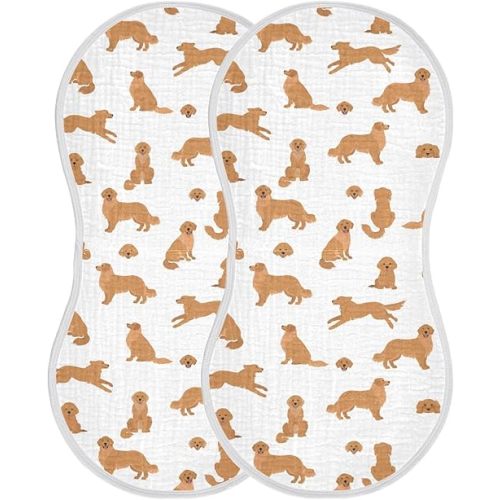 Muslin Burp Cloths for Baby Boys and Girls - 2-Pack Ultra Absorbent Golden Retriever Dogs Muslin Washcloths, Newborn Towel, Milk Spit Up Rags, Burp Cloth Bib for Unisex, 22 x 11 Inch