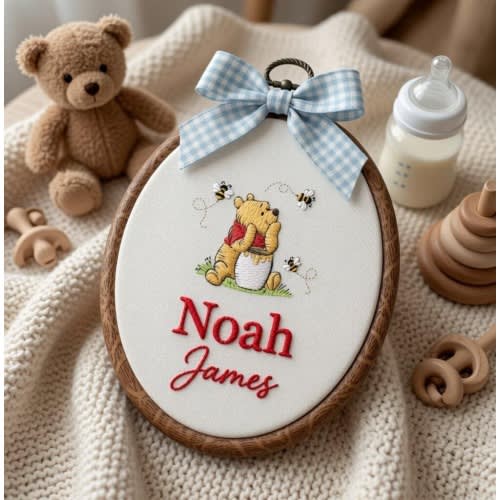 Personalized Embroidered Pooh Bear Name Hoop, Baby Boy Nursery Decor, Custom Keepsake, Custom Name Birth Announcement Sign,Baby Shower Gift
