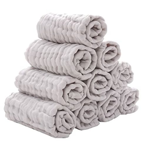 MUKIN Baby Washcloths - Natural Cotton Baby Wipes - Soft Newborn Baby Face Towel for Sensitive Skin- Baby Registry as Shower, 10 Pack 12x12 inches - Grey