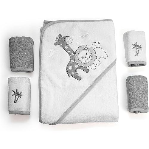 Spasilk Baby Cotton Terry Hooded Towel & Washcloth Bath Shower Set for Newborns and Infants, Gray Lion