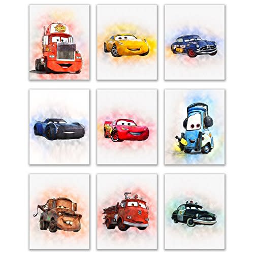 BigWig Prints Cars Poster Set - Cars Room Decor for Boys And Girls, Lightning Mcqueen Room Decor, Wall Art for Kids Bedroom, Tow Mater Doc Hudson Jackson Storm Cruz Ramirez - 9 Pack (8x10) Unframed