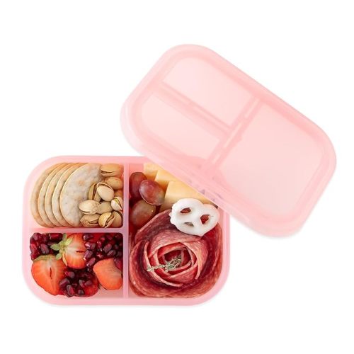 Bumkins Snack/Lunch Bento Box for Kids and Adults, 3 Compartment Container, Leak Proof Lid, for Portioning, Large Section Can Hold Sandwich, Food-Safe LFGB Platinum Silicone, Microwave-Safe, Pink - Pink Jelly