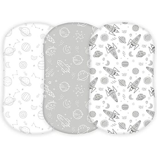 TansyPanda Bassinet Sheets for Halo Bassinest Swivel, Flex, Glide, Premiere and Luxe Series Sleeper, Pack of 3, 33 X 17 Inch, Ultra Soft and Snug Fit, Unisex Boys Girls, Gray White (Space Rockets)