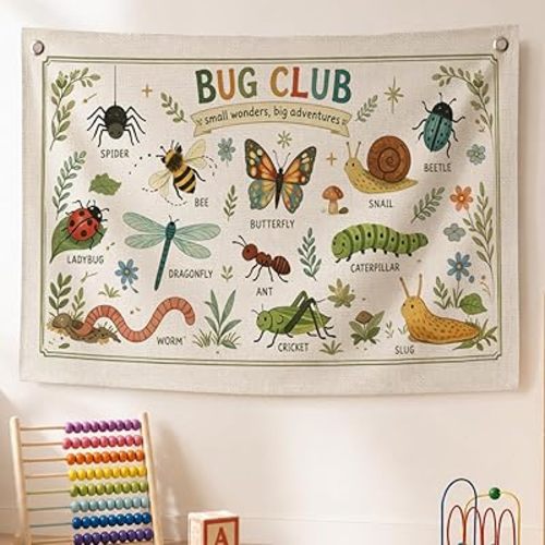 Cute Nursery Classroom Decor for Teacher, Entomology Insects Bug Club Canvas Banner Wall Hanging Banner Flag Decor, Colorful Educational Wall Flags for Nursery Classroom Playroom, 30x20