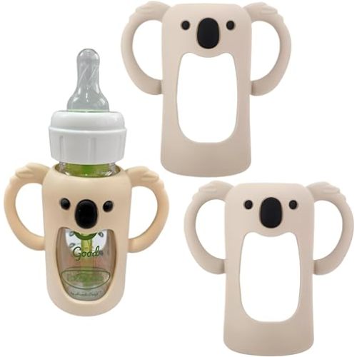 2 Pcs Silicone Sleeve Compatible with Dr. Brown Narrow Glass Baby Bottle 4 oz/120 mL, Cute Koalas Shape Drop Protection Sleeves with Silicone Handles (2 Beige, 4 Ounce)