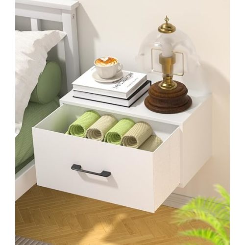 Adowes Floating Nightstand Shelf with Drawer, Wall Mounted Nightstand, Floating Drawer for Wall, Small Nightstand with Drawer, Floating Bedside Shelf for Bedroom, White