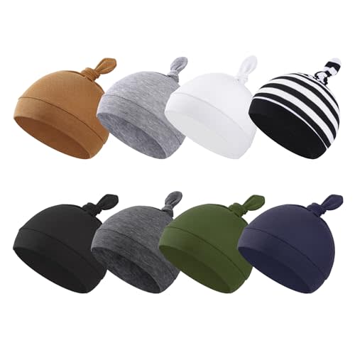 BEoffer 8 Pack Baby Newborn Hats Set Top-Knot Beanie Soft Stretchable Hats Adjustable Caps for Infant Girls Boys 0-6 Months
