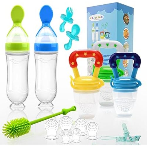 Food Feeder Baby Fruit Feeder Pacifier (3 Pcs) with 6 Different Sized Silicone Pacifiers 2 PCS Silicone Baby Food Dispensing Spoon 90ML with 2 Baby Spoons Silicone Bottle Brush Pacifier Clip