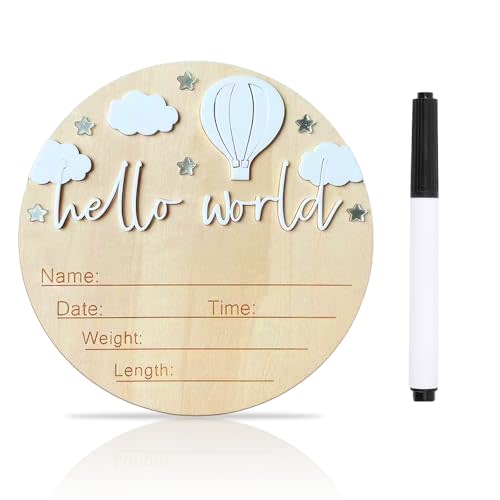 Baby Announcement Sign, 5.9 Inch Wooden Hello World Newborn Signs, Birth Announcement Sign and Pen, Hot Air Balloon and White Cloud Decoration, Welcome Newborn Arrival to World (White)