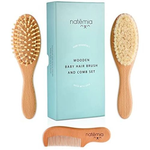 Natemia Premium Wooden Baby Hair Brush and Comb Set