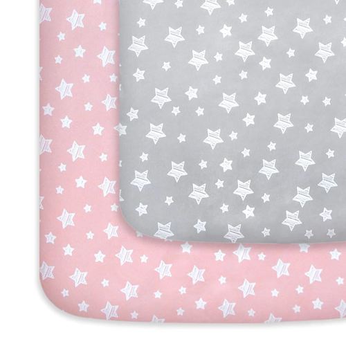Pack and Play Sheets Girl, Mini Crib Sheets, Stretchy Pack n Play Playard Fitted Sheet, Compatible with Graco Pack n Play, Soft and Breathable Material, Grey & Pink
