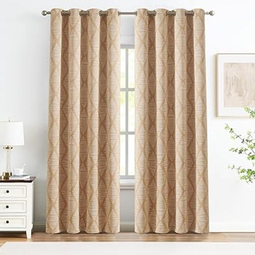 jinchan 100% Blackout Curtains 84 Inch Length Yellow Geometric Printed Curtains Thermal Insulated Pattern Bedroom Curtains Modern Grommet Top Window Curtain Set Drapes, 2 Panels Mustard Yellow
