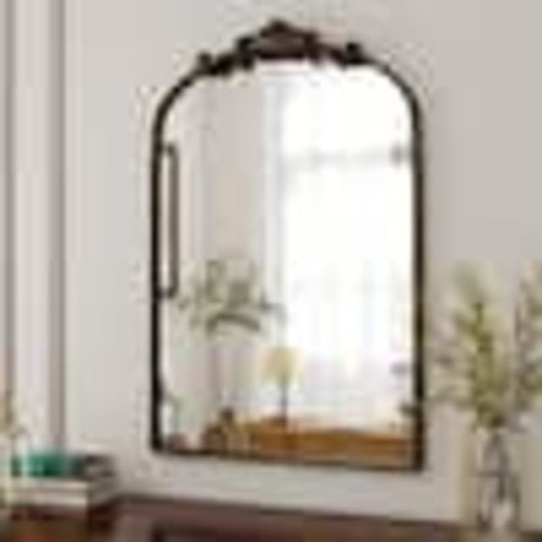 XRAMFY Antique Bronze 22 in. W x 30 in. H Arched Aluminum Alloy Frame with Ornate Carved Decoration Vanity Wall Mirror QC2509CD2230BRE