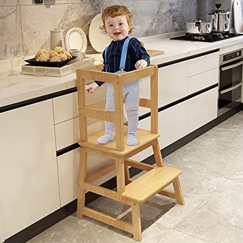 Popin Lover Kitchen Helper Stool for Kids and Toddlers with Safety Rail, Kids Step Stool Learning Stool Tower for Bathroom& Kitchen