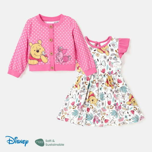 Disney Winnie the Pooh Baby Girls Allover Print Dress and knitwear cardigan Outfit Set Sizes 3-24M