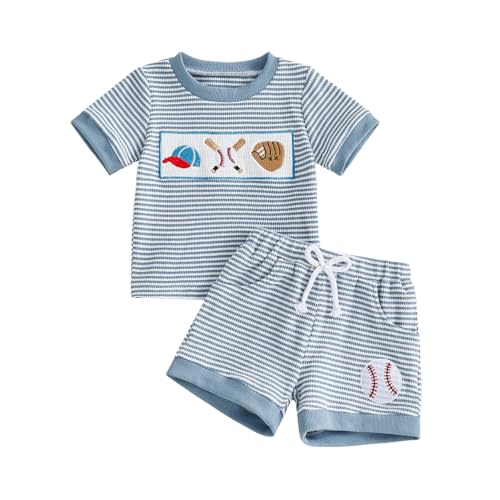 Toddler Boy Baseball/Golf/Football Outfit Summer Clothes | Short Sleeve Striped Print T Shirt Tops and Shorts Set, Daily or Game Day Wear, Soft and Comfort Fabric