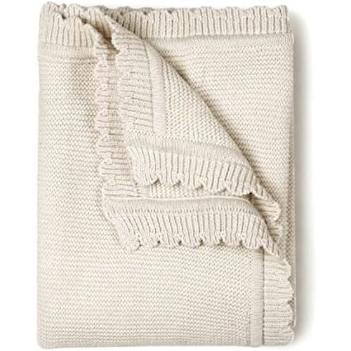 Makemake Organics Organic Baby Blanket GOTS Certified Organic Cotton Baby Blanket Newborn Modern Knit Blanket Scalloped Scallop Unisex Boy Girl Stroller Blanket (30x40, Natural)