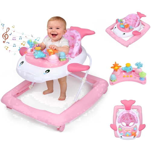 PRVAETU Baby Walker & Activity Center W/ Music & Lights,3 Adjustable Height, Anti-Rollover & Foldable for Infant Boy and Girl 6-18 Months,Pink Print
