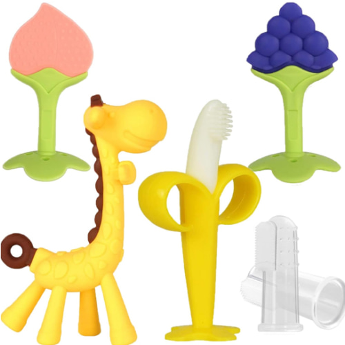 Baby Teething Toys 3-6 Months, Silicone Baby Teether Freezer BPA Free, Babies Teething Relief Sore Gums, Banana Finger Toothbrush, Fruit Shape Giraffe Teether for Infant Boys and Girls