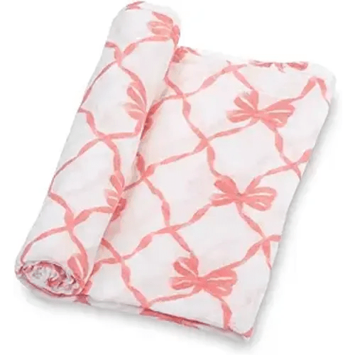 LollyBanks Baby Blankets, 100% Muslin Cotton Swaddle Blanket for Girls, Soft and Large 47 x 47 Inches Newborn Swaddle, Breathable Baby Receiving Blankets, Registry (Pink Bow Print)