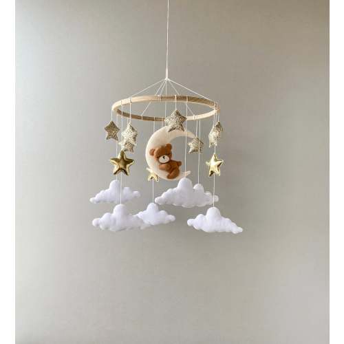 Baby bear mobile for nursery, moon cloud and gold stars