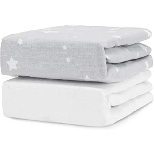 Newton Baby Organic Fitted Crib Sheet (2-Pack) - 100% Breathable and Ultra-Soft, 100% Organic Muslin Cotton - Stardust Print in Twilight Grey + Solid Whote