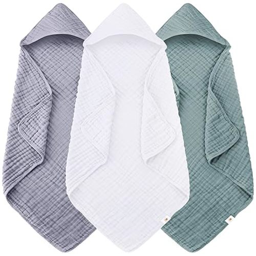 Sunny zzzZZ Muslin Hooded Baby Bath Towels - 3 Pack 100% Cotton Soft Low-Saturation Pastel Towels Including Classic White for Newborns, Infants, Toddlers - 32x32 Inch - Green, Grey and White